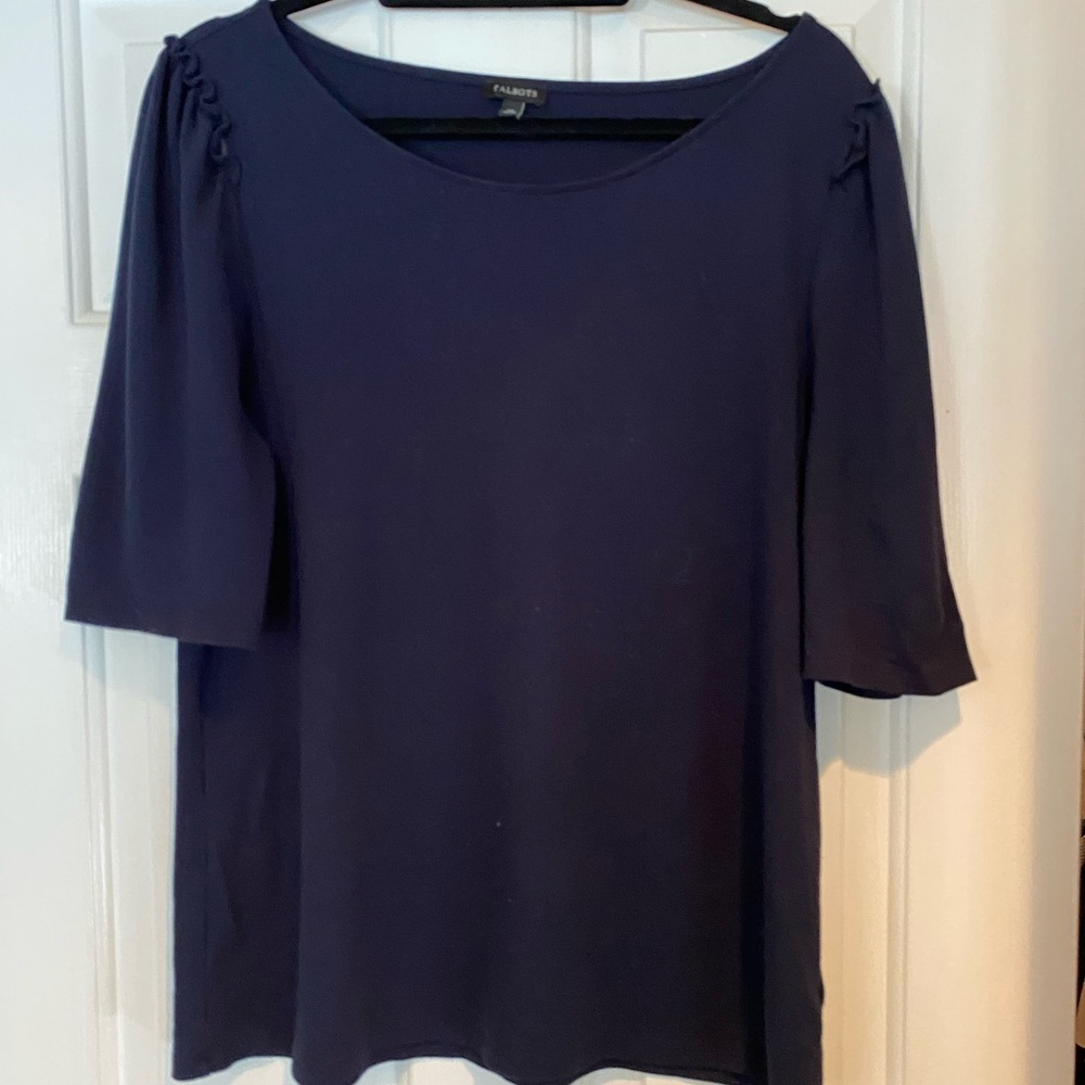 Talbots navy ruffle shoulder short sleeved top